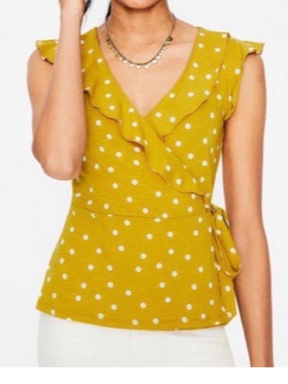 Boden Jodie Jersey Wrap Top-Mustard Yellow Polka Dot-Ruffles-Size US 6